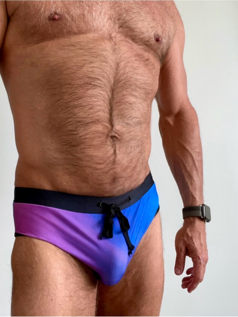 Men's Gradient Purple-Blue Swim Brief with Black Waistband and Drawstring